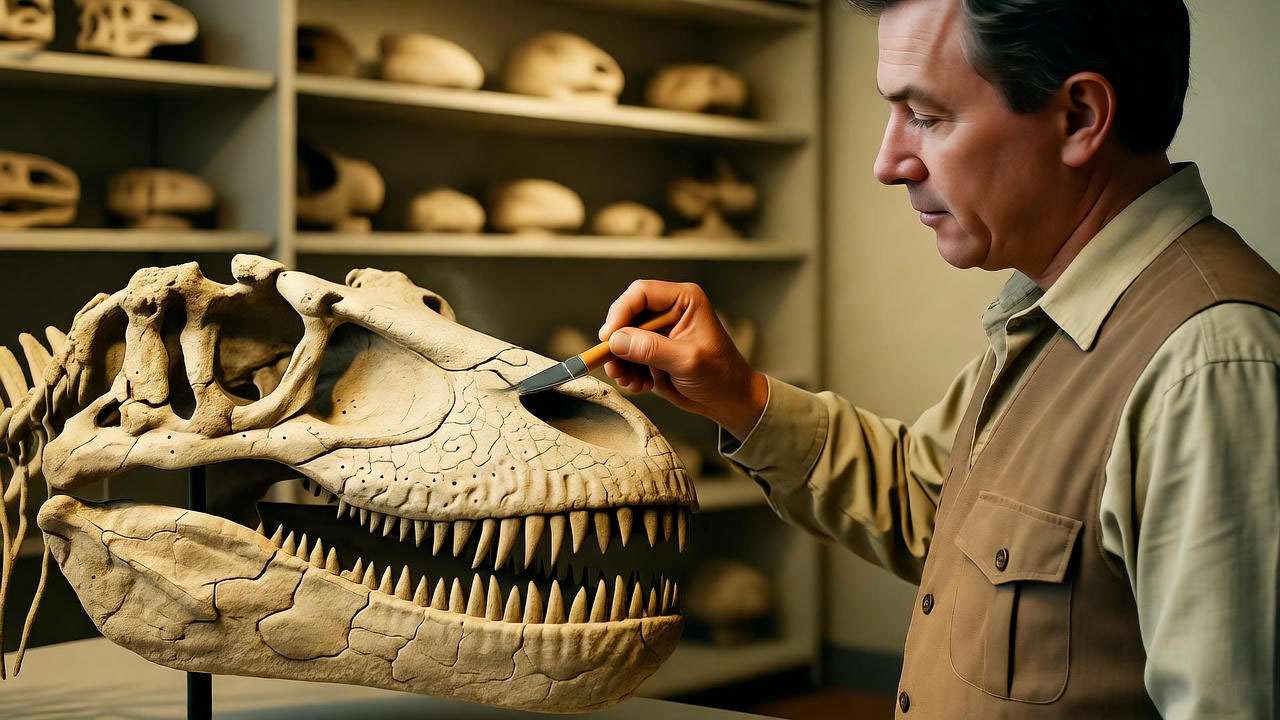 Paleontologist brushing dinosaur fossil in museum, evoking Ross Geller’s job from Friends.