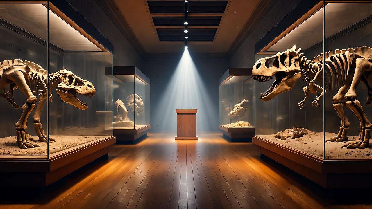 Empty museum podium under spotlight with dinosaur fossils, evoking Doctor Julian Ross paleontology background in Friends.
