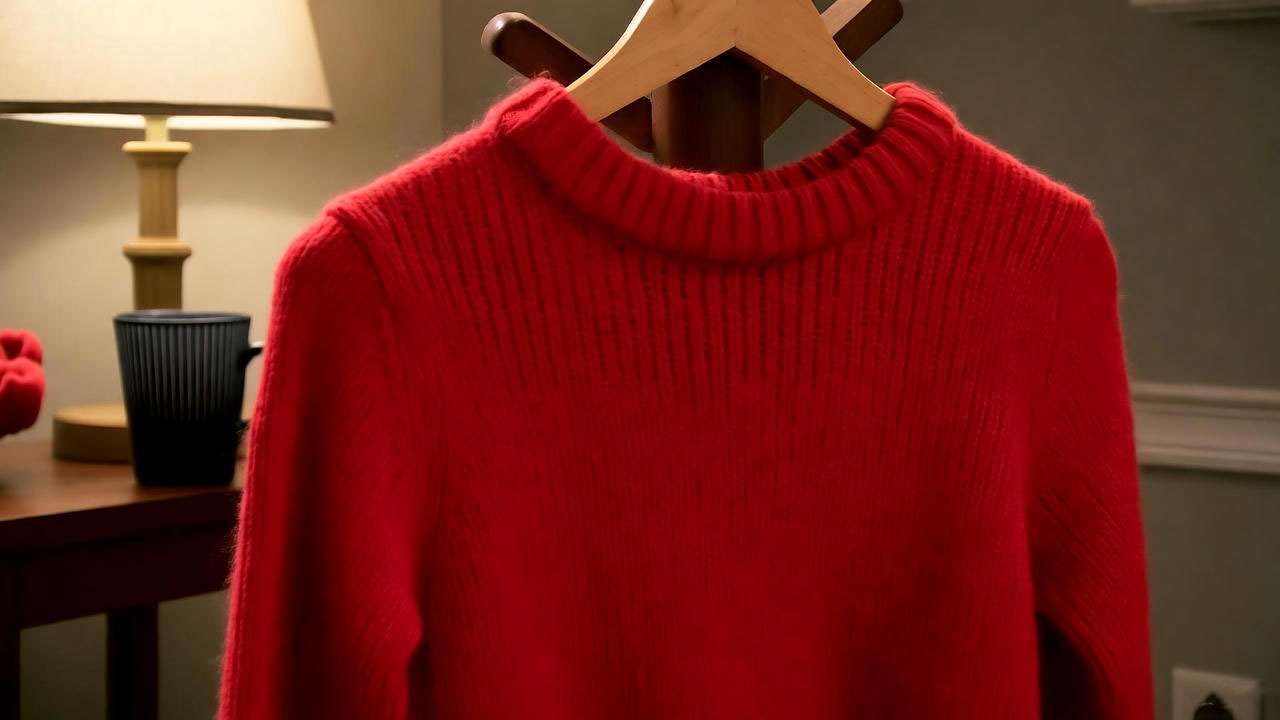 Close-up of a red sweater on a coat rack in a cozy apartment, evoking Friends TV show nostalgia.