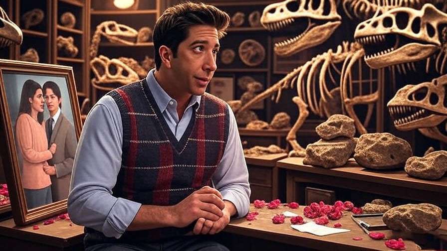 Illustration of Ross Geller in his paleontologist lab reflecting on relationships, Friends TV show character analysis.
