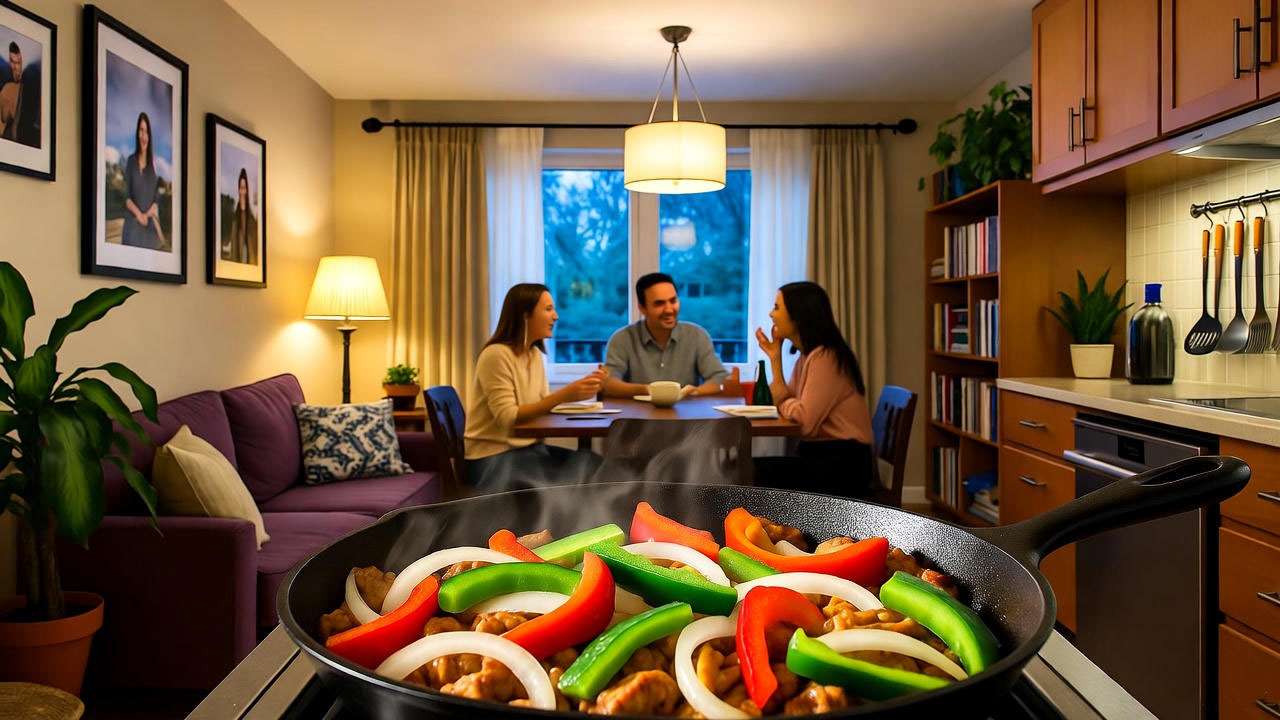 Ross Geller serving sizzling fajitas to Friends cast in Monica’s apartment, nostalgic 90s TV scene.