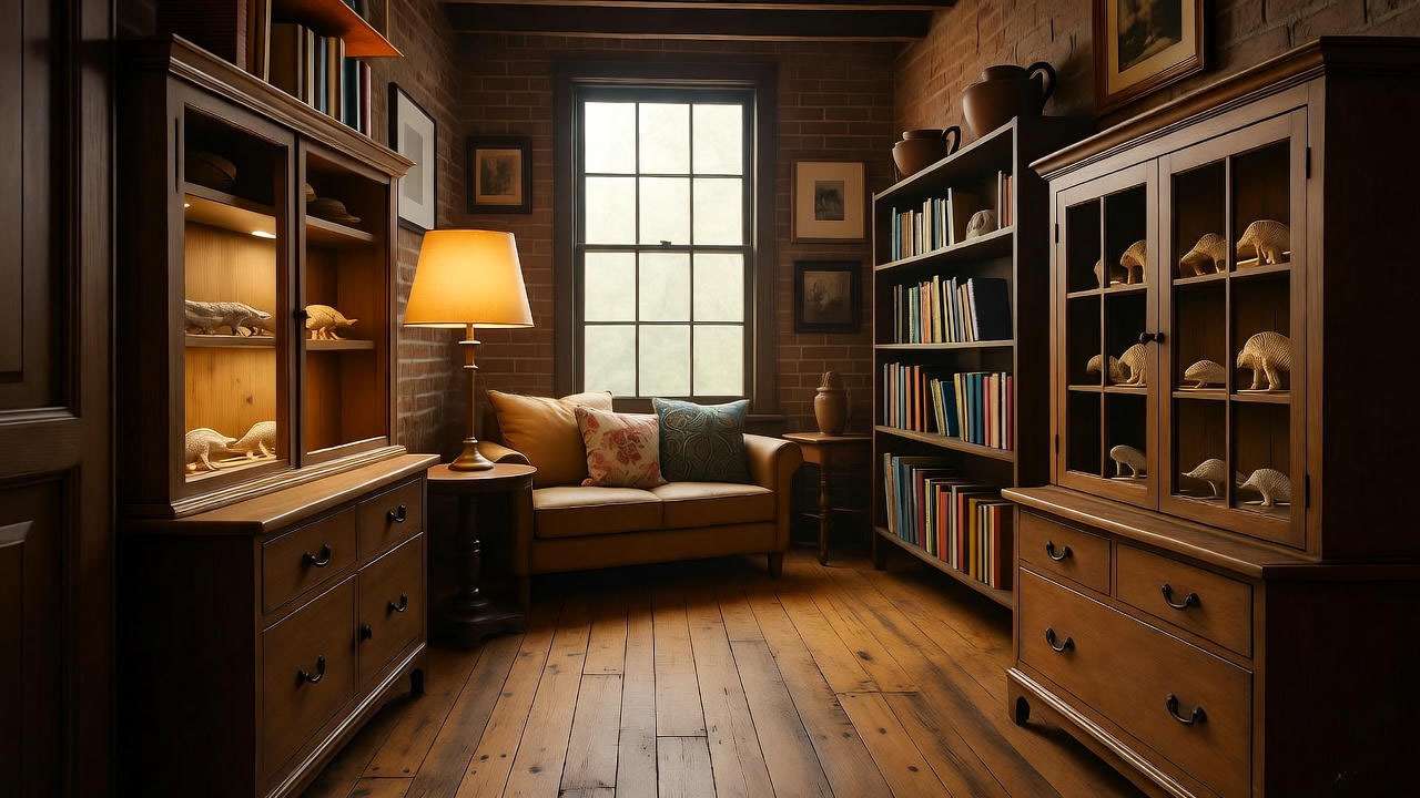 Cozy Ross Friends apartment with exposed brick walls, leather couch, and dinosaur fossils.