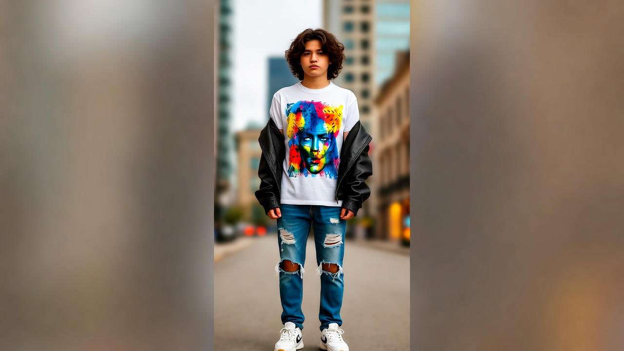 Person styling a Got Milk shirt with jeans and leather jacket in urban setting, inspired by Joey from Friends.