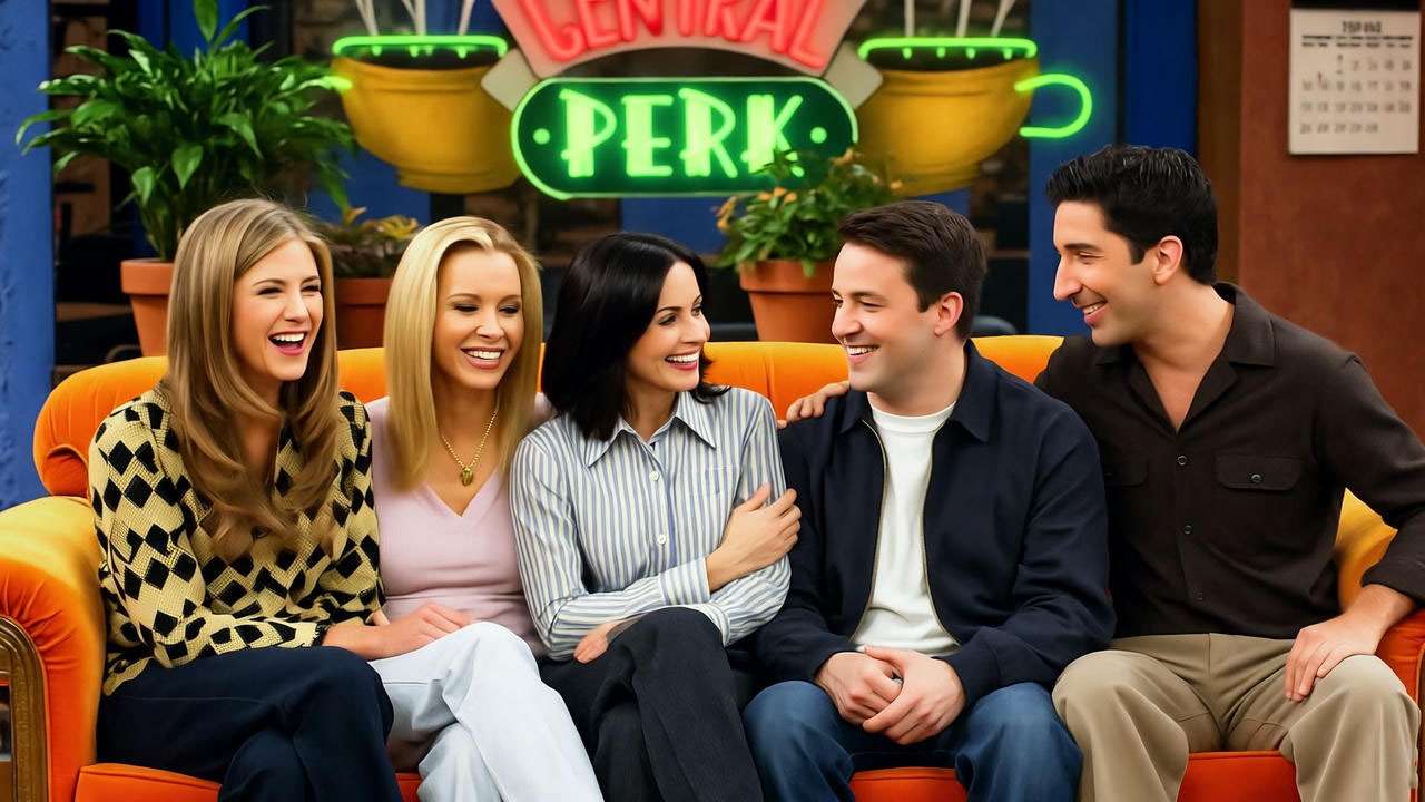 Six Friends cast members laughing on Central Perk’s orange couch, reflecting the age of Friends in Season 1.
