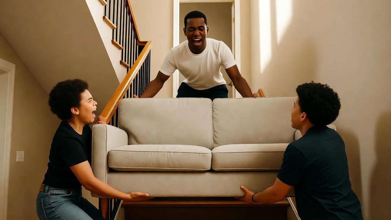 Ross, Rachel, and Chandler struggling to move a sofa up a narrow staircase in the iconic Friends “Pivot” scene.