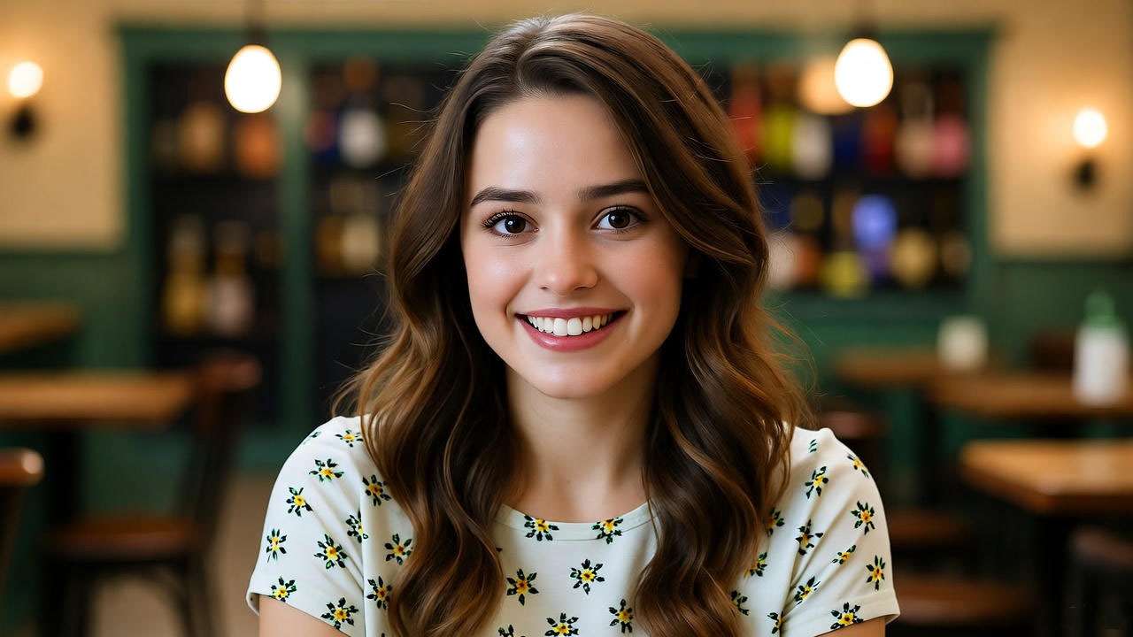 Mona character from Friends TV show, sitting in a coffee shop with a warm smile and casual chic style.
