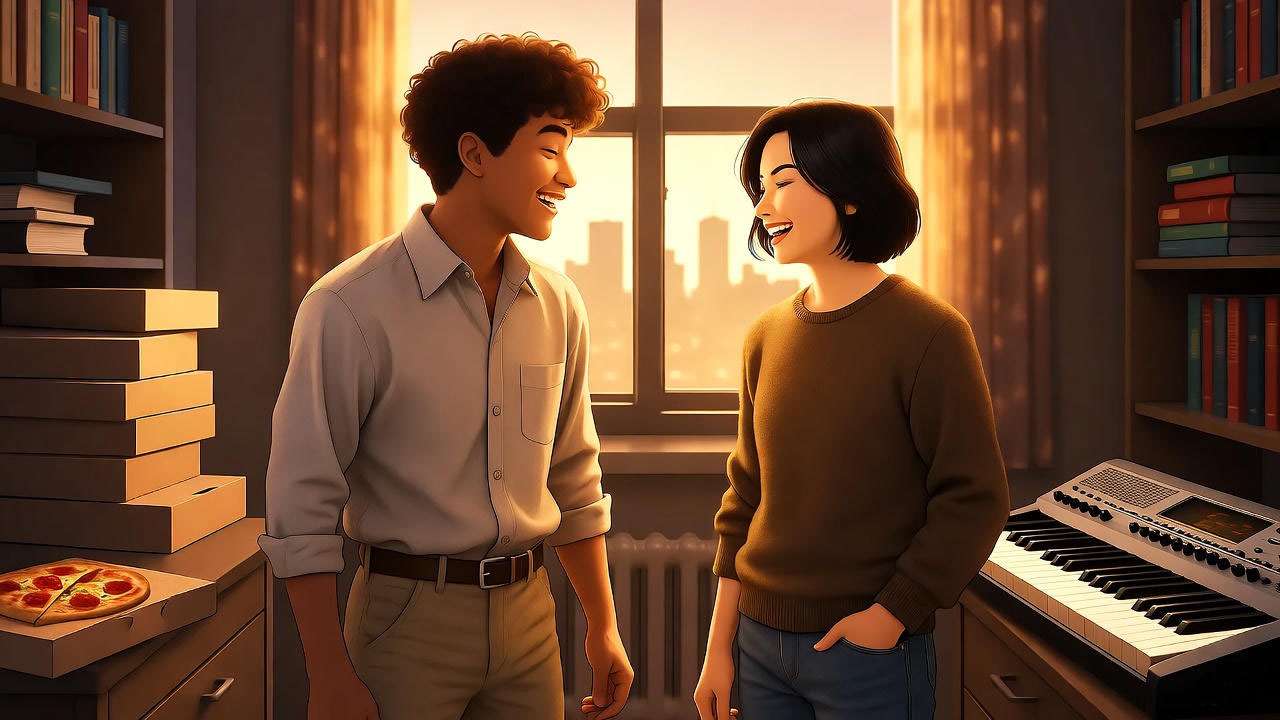 Nostalgic '80s college dorm scene of two friends bonding over music and late-night hangs, inspired by Friends characters Ross and Chandler.
