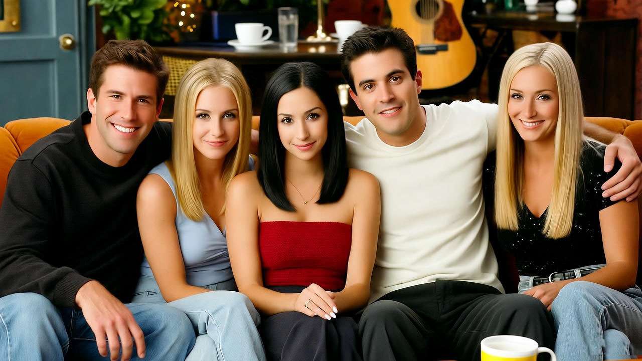 The six Friends characters sitting on the Central Perk orange couch, smiling in a cozy coffeehouse setting, capturing the nostalgic charm of the iconic sitcom.
