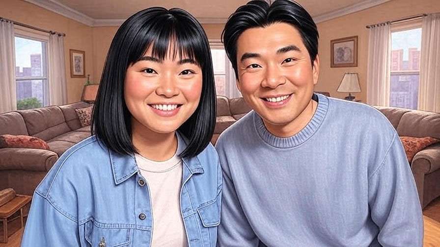  Julie and Ross smiling together in Friends’ apartment setting.
