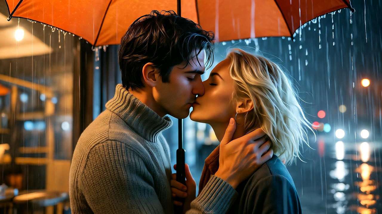 Ross and Rachel first kiss in the rain Central Perk Friends iconic moment. 