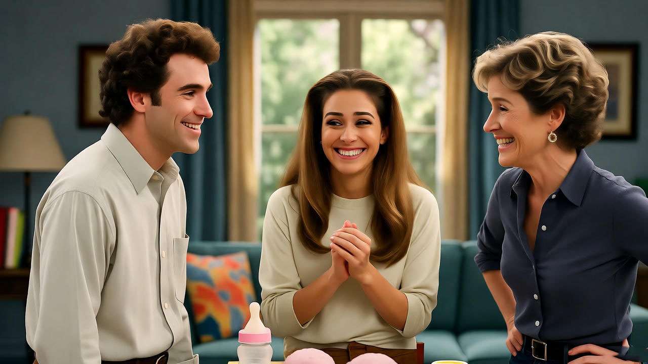 Iconic Friends relationships featuring Ross, Rachel, and Carol in a humorous apartment gathering.
