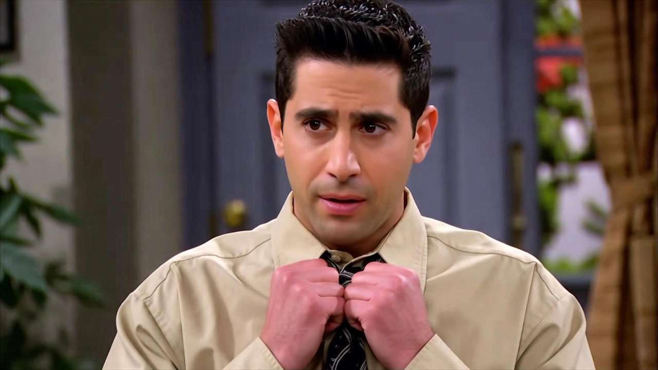 Close-up of Ross Geller adjusting his beige button-down shirt, showcasing emotional relatability from Friends.