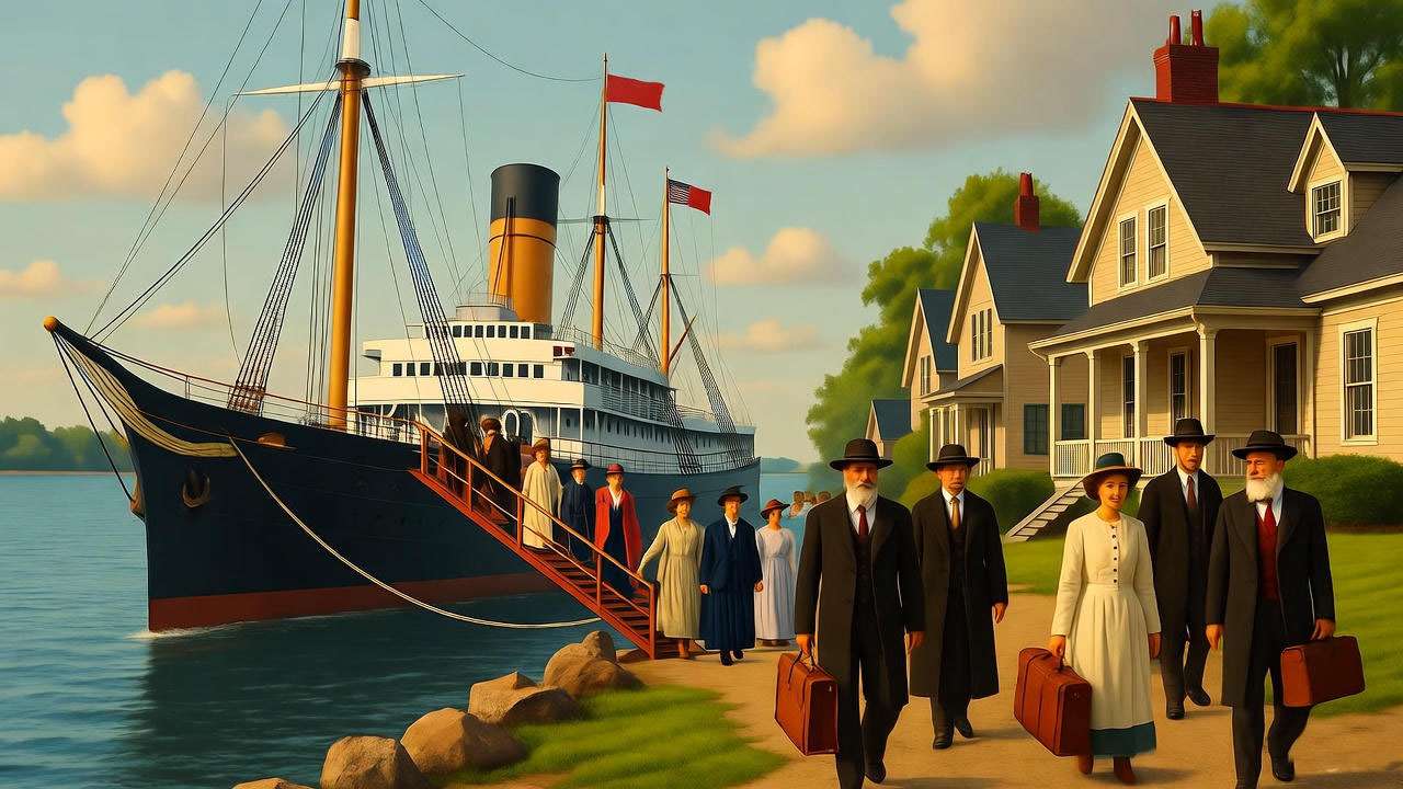 Historical image of a vintage ship and early 20th-century American family scene, symbolizing Jewish immigration and adoption of the Ross surname. 
