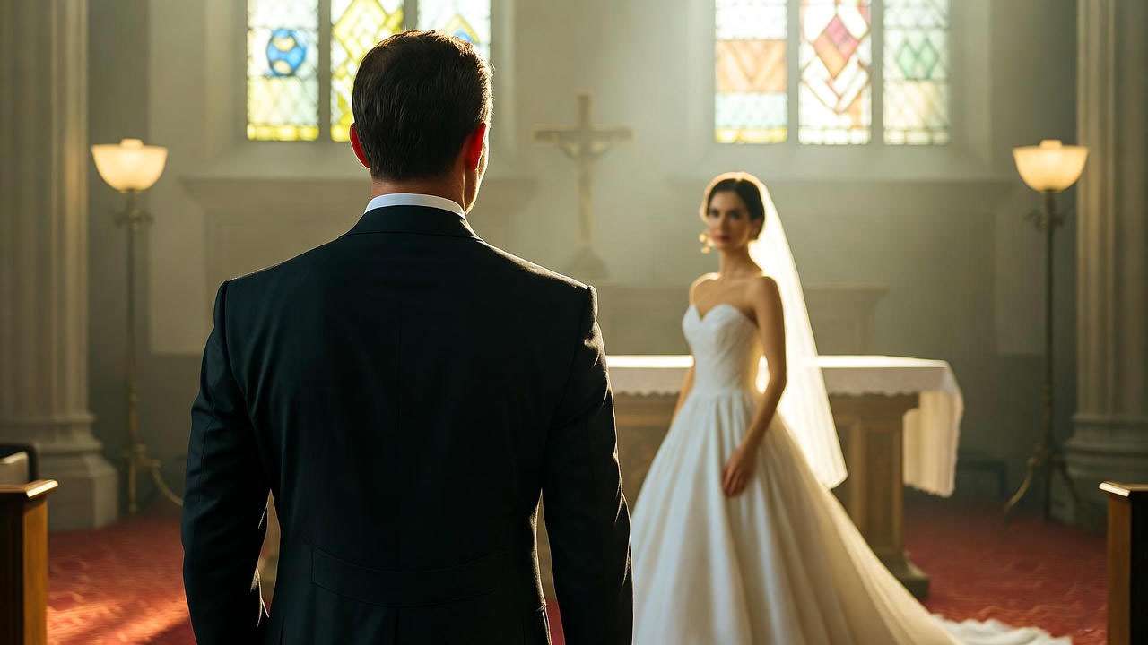 Dramatic wedding scene of Ross and Emily in a London church from Friends.