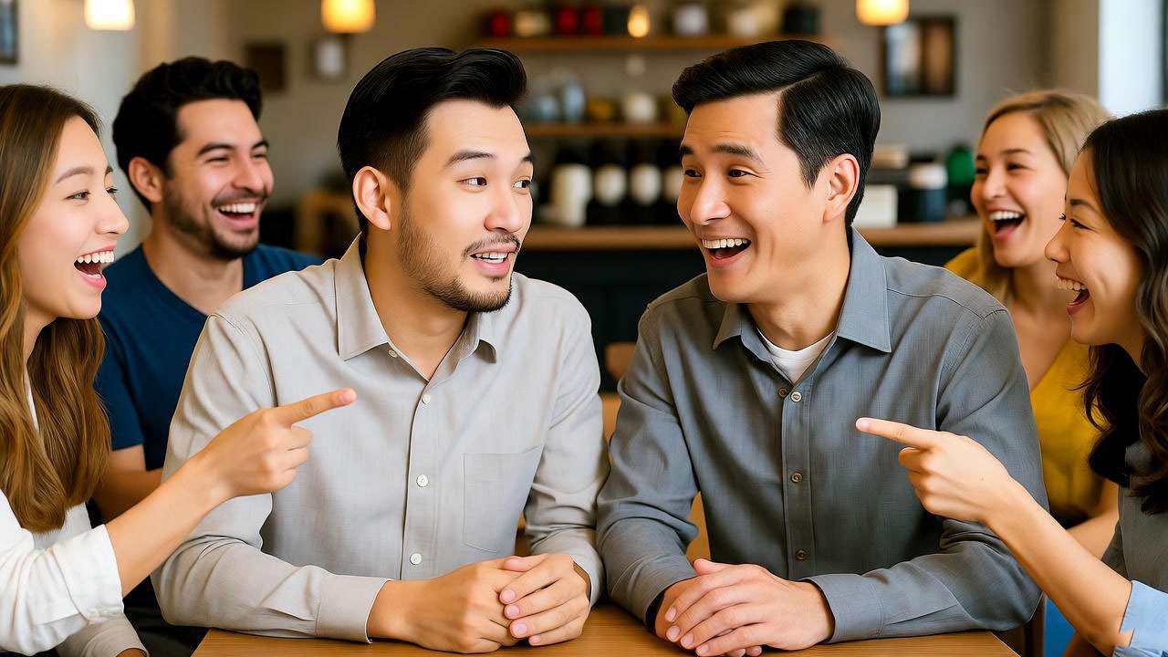 Ross and Russ look-alikes sitting together in a funny Friends-inspired coffee shop moment.