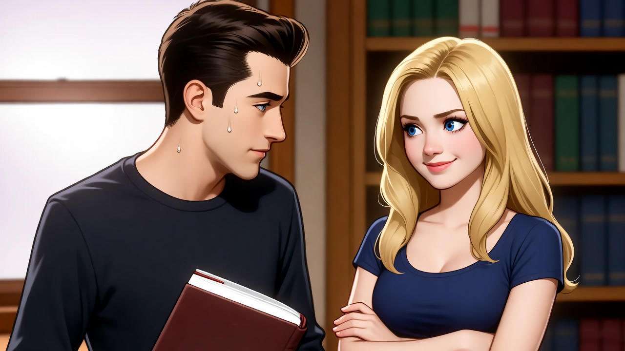 Ross from Friends awkwardly flirting with student Elizabeth in a dimly lit classroom, capturing the episode's romantic tension.
