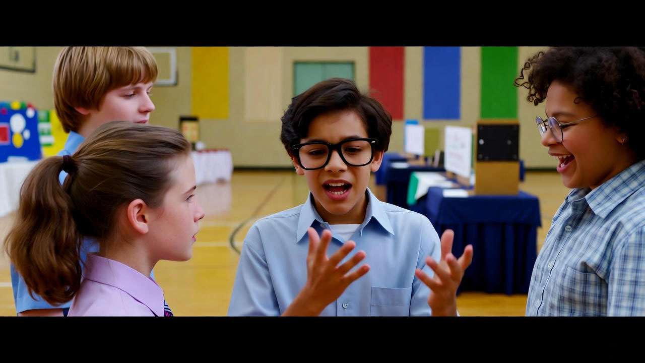 Young Ross explaining a dinosaur fossil at a 1990s science fair, surrounded by giggling classmates. 