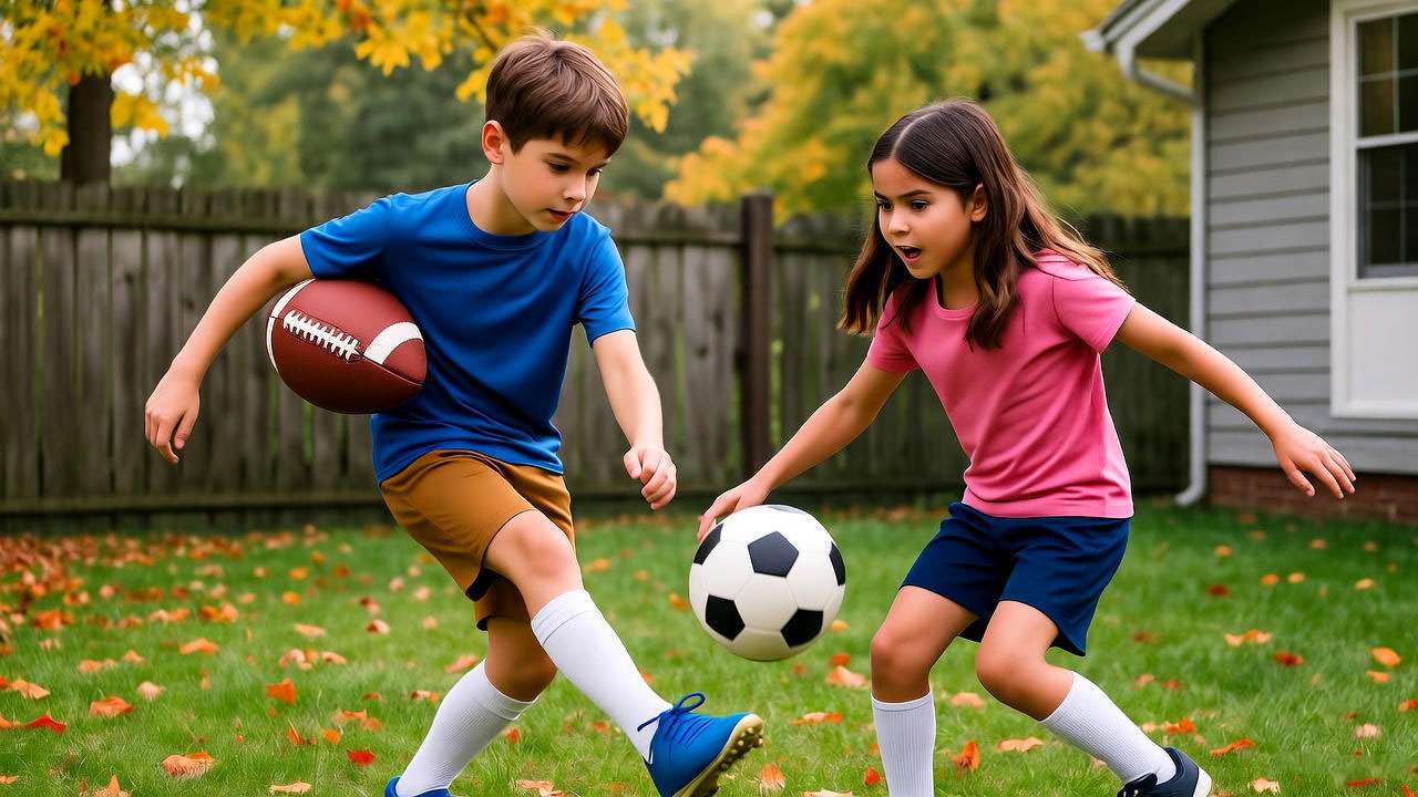 Monica and Ross Geller competing fiercely in a backyard football game.