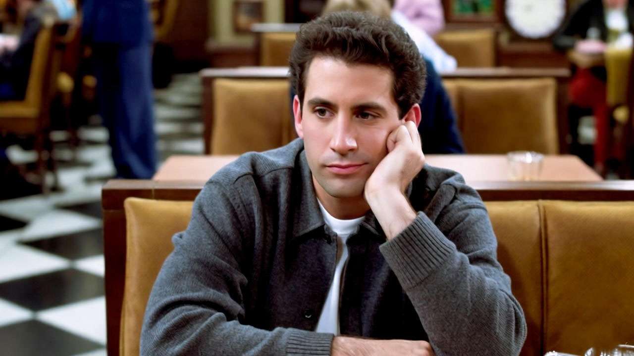 Ross Geller reflecting on his emotions in a coffee shop, showing personal growth in Friends.