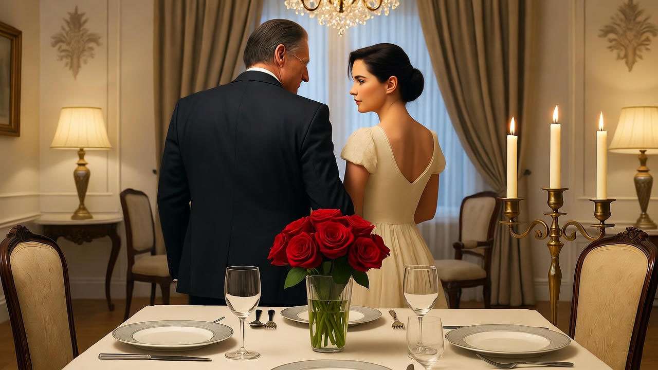 Sophisticated dining room with a stern man and young woman, depicting discipline and love from Friends parents.