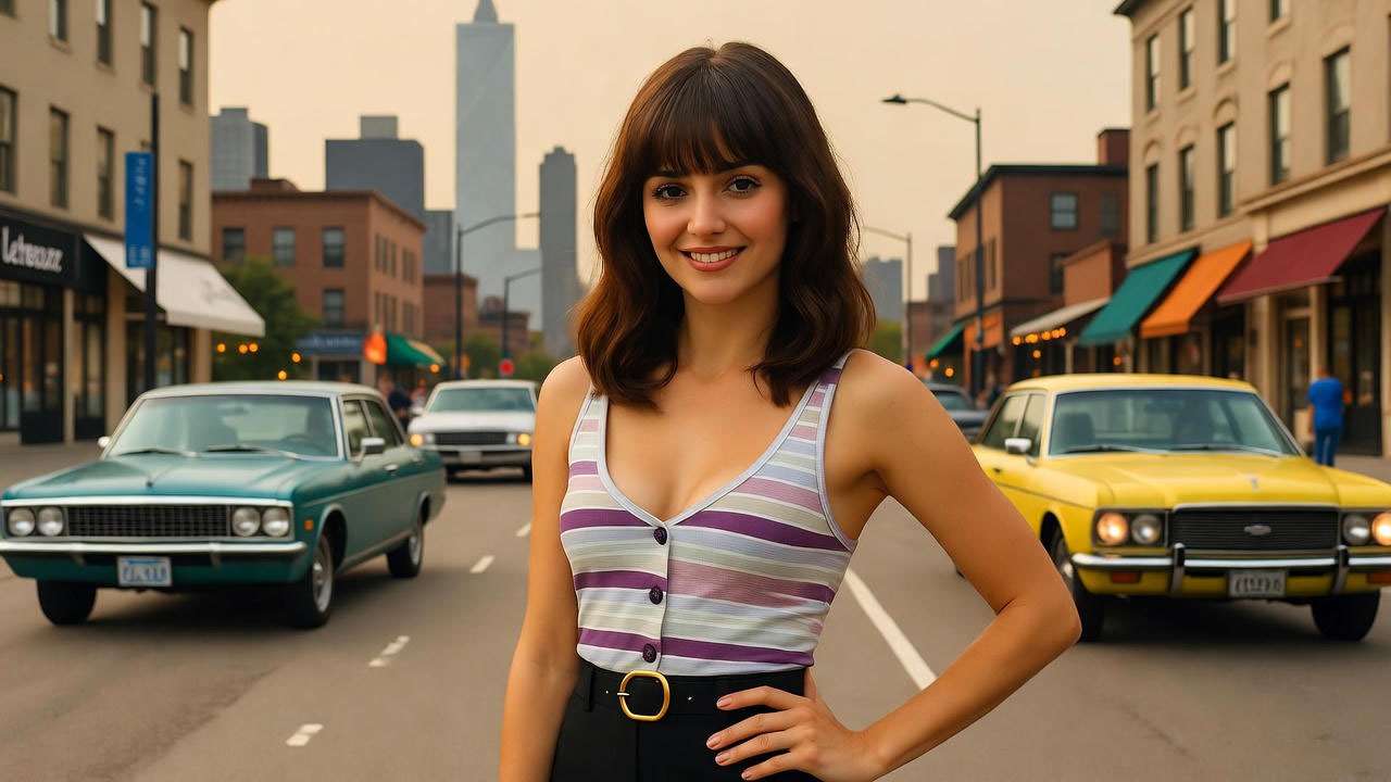 Rachel Green with 'The Rachel' haircut in 90s New York street setting.