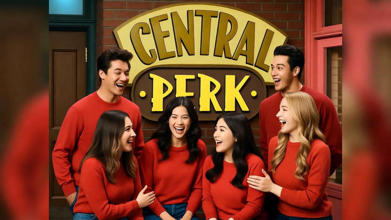 Fans in red sweaters at a lively Friends-themed event with Central Perk sign.