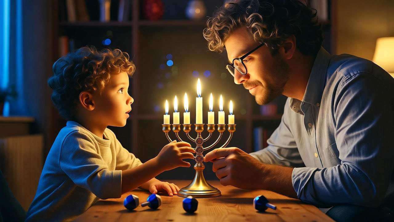 Father teaching son about Hanukkah with a menorah, inspired by Ross Geller's cultural moment in Friends TV show. 