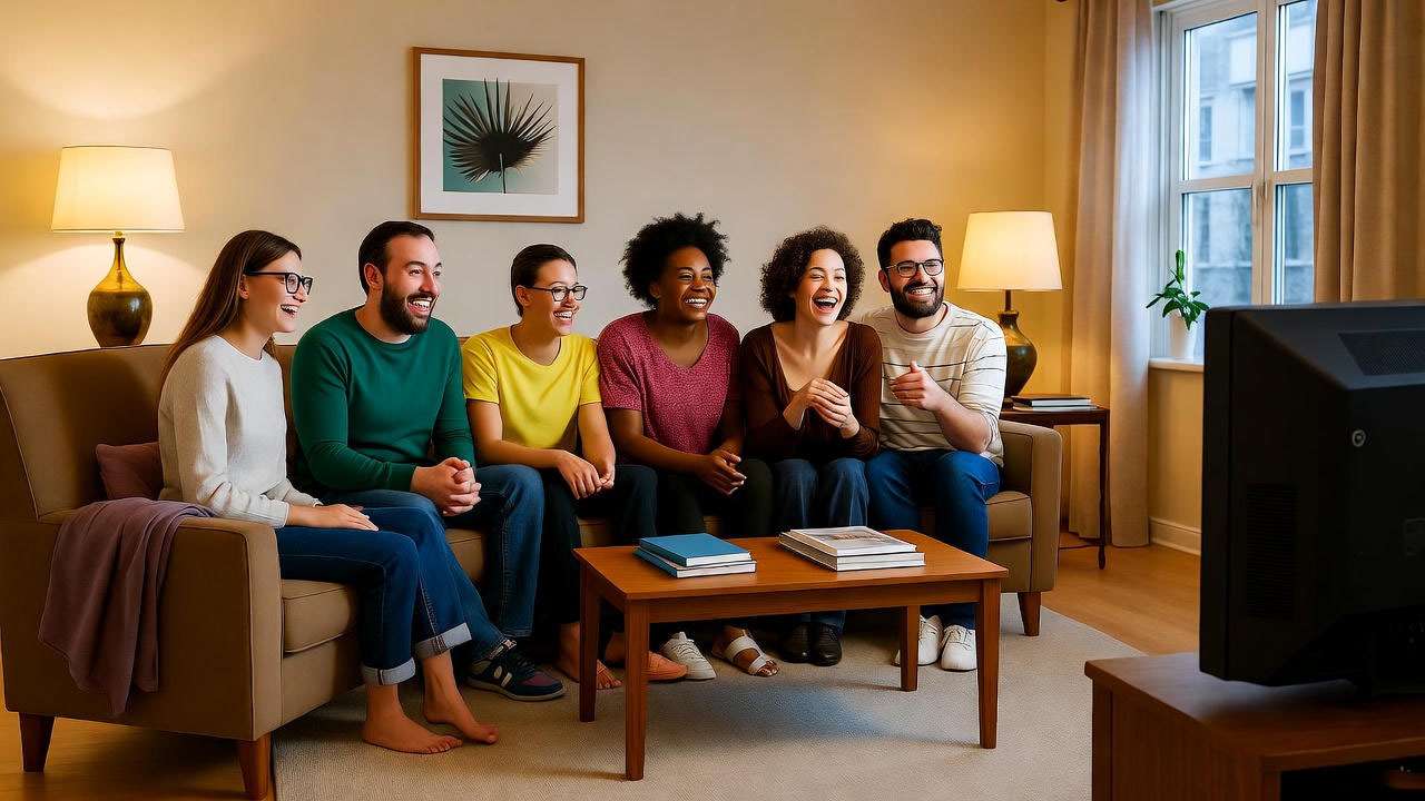 Fans debating Ross Geller’s job while watching Friends on a vintage TV with a dinosaur toy.