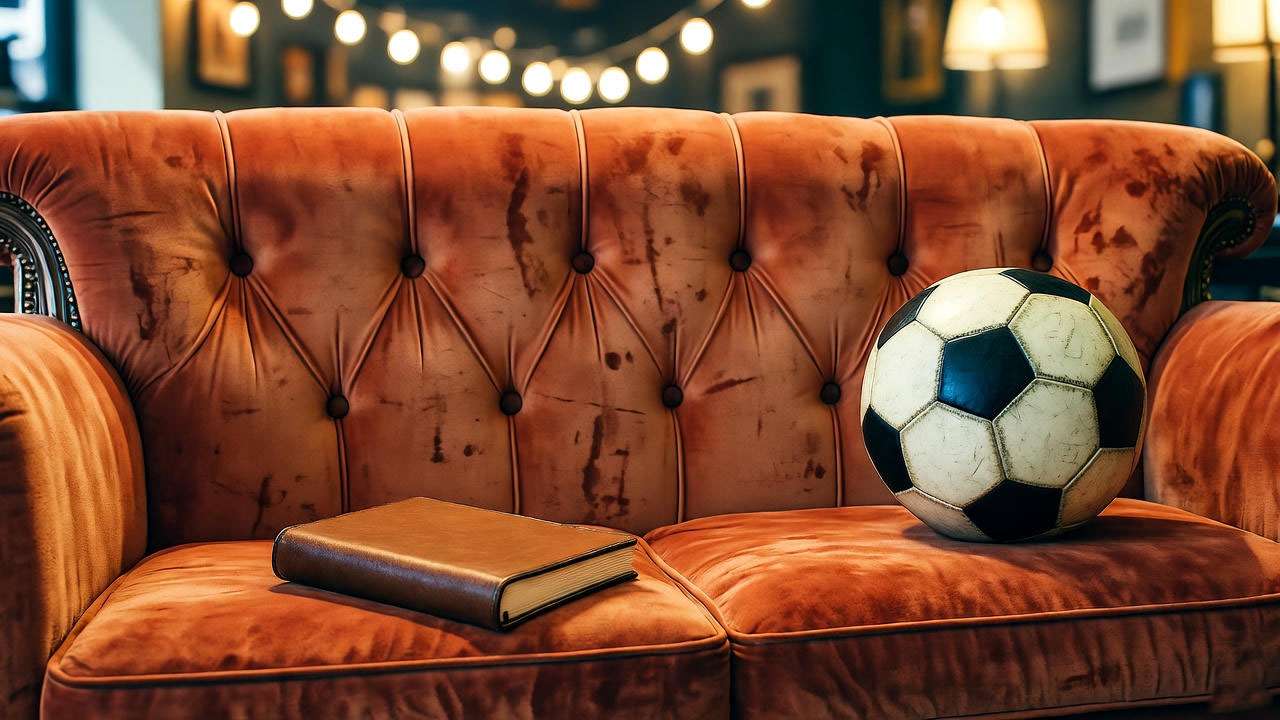 Central Perk orange couch with paleontology notebook and soccer ball, linking Friends and Doctor Julian Ross.