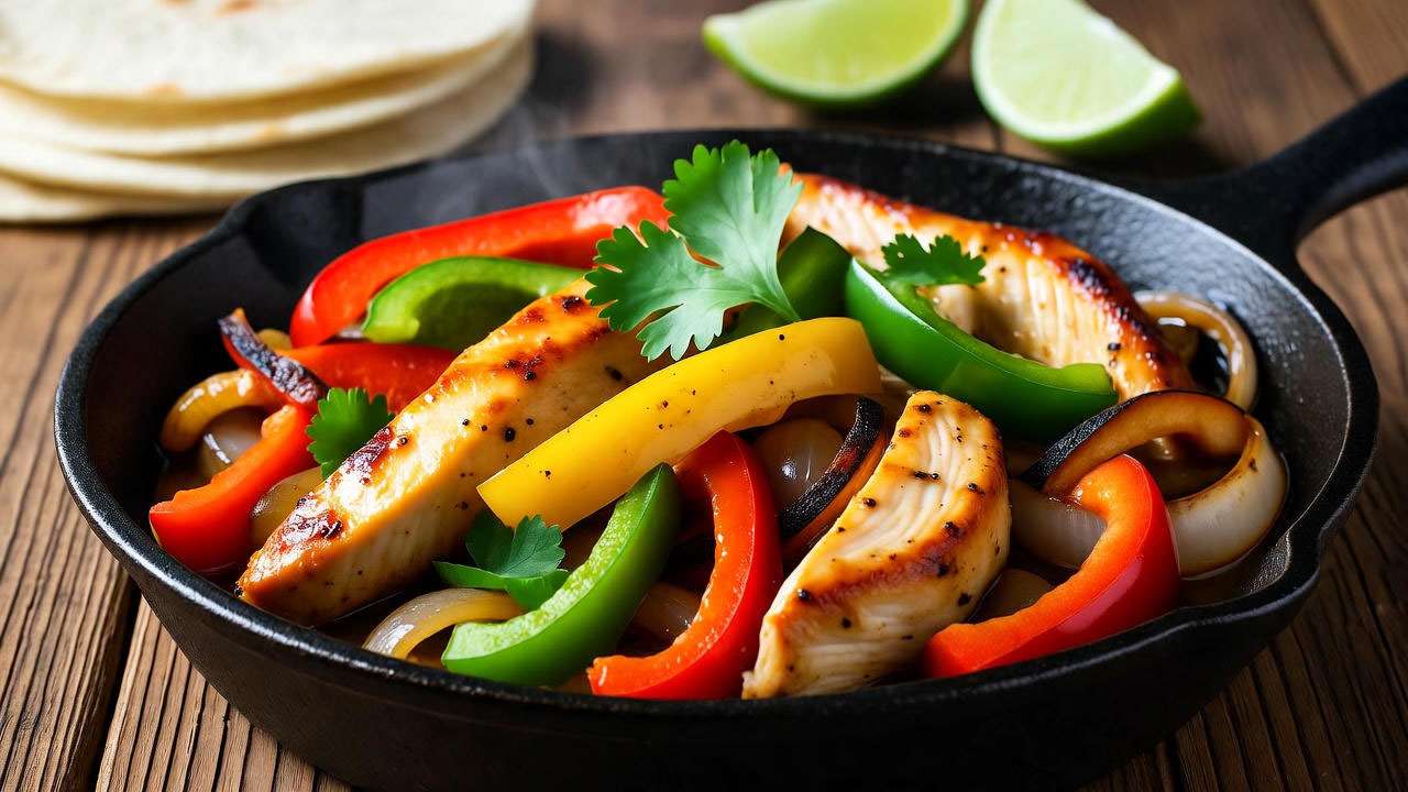 Close-up of sizzling Ross Geller fajitas with chicken, peppers, and onions on a cast-iron skillet.