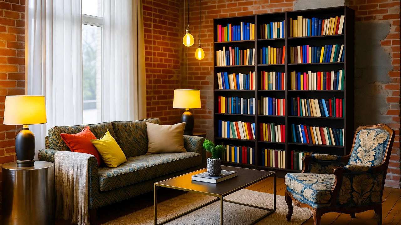 Modern living room with vintage furniture and bookshelf inspired by Ross Friends apartment