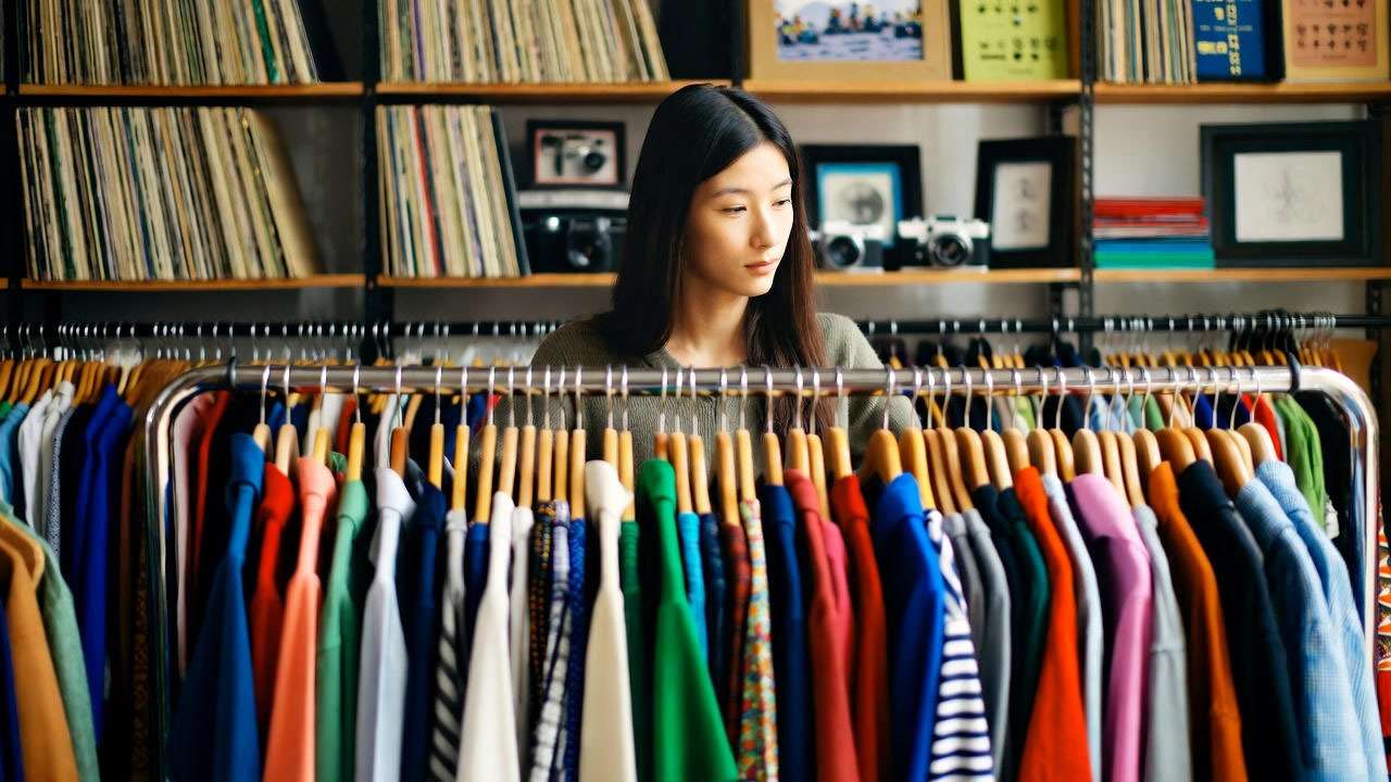 Person thrifting for a Got Milk shirt in a vintage store, showcasing sustainable fashion options.