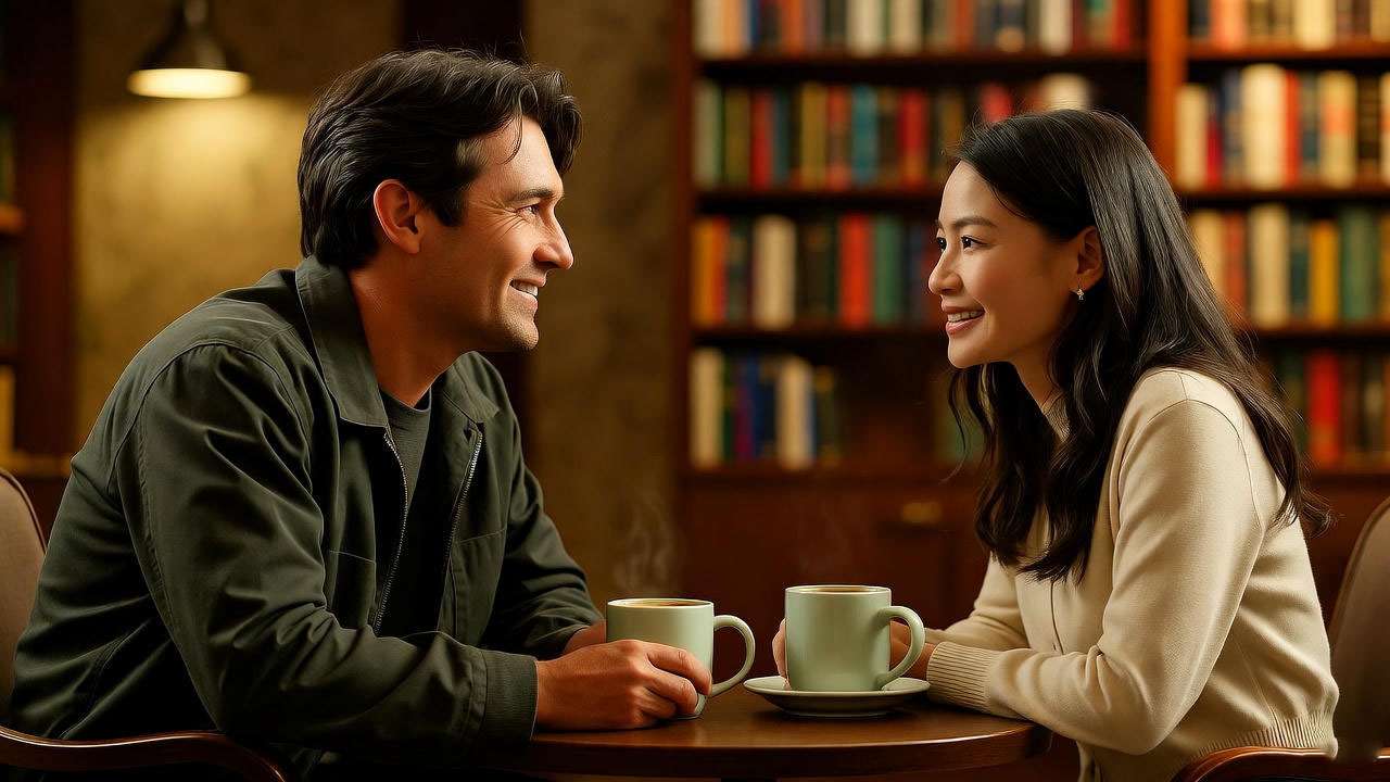 Ross and Mona sharing a memorable conversation at Central Perk, highlighting their chemistry and connection.