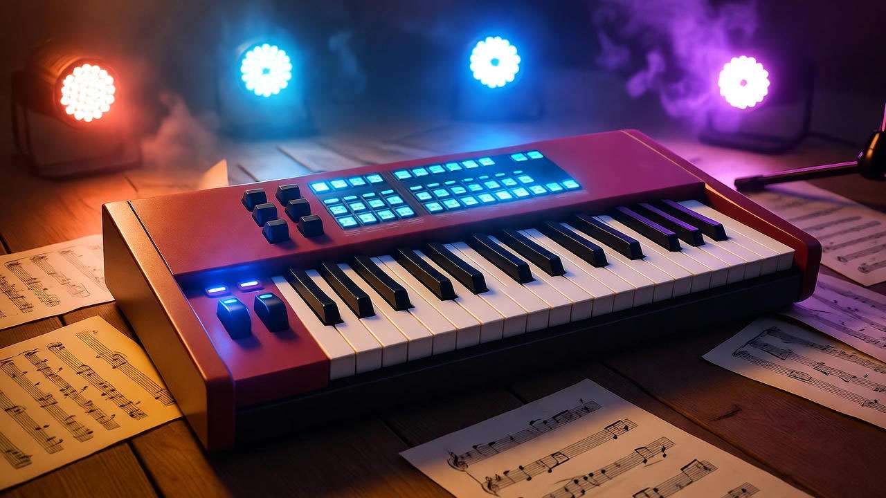 Close-up of '80s synth keyboard setup on stage, capturing the quirky musical style of the fictional Ross and Chandler college band from Friends.
