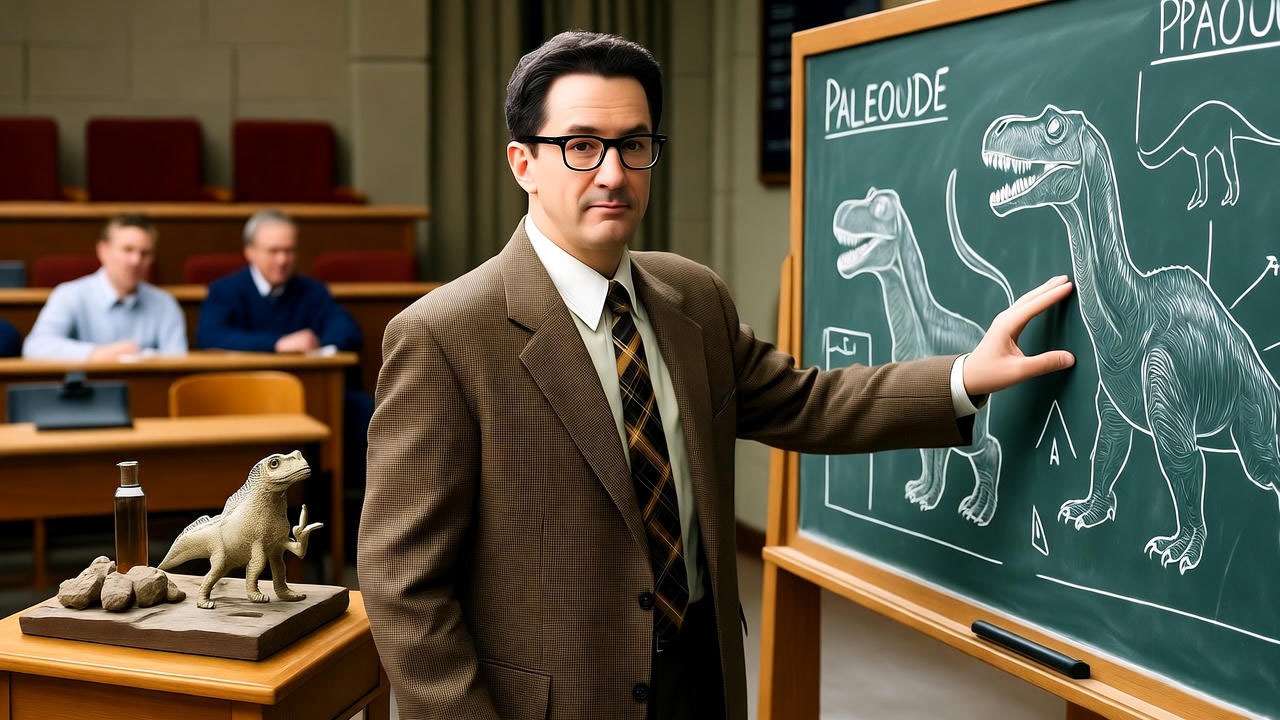 Ross Geller from Friends teaching in a university lecture hall, pointing at a chalkboard with dinosaur sketches, embodying his paleontologist persona.