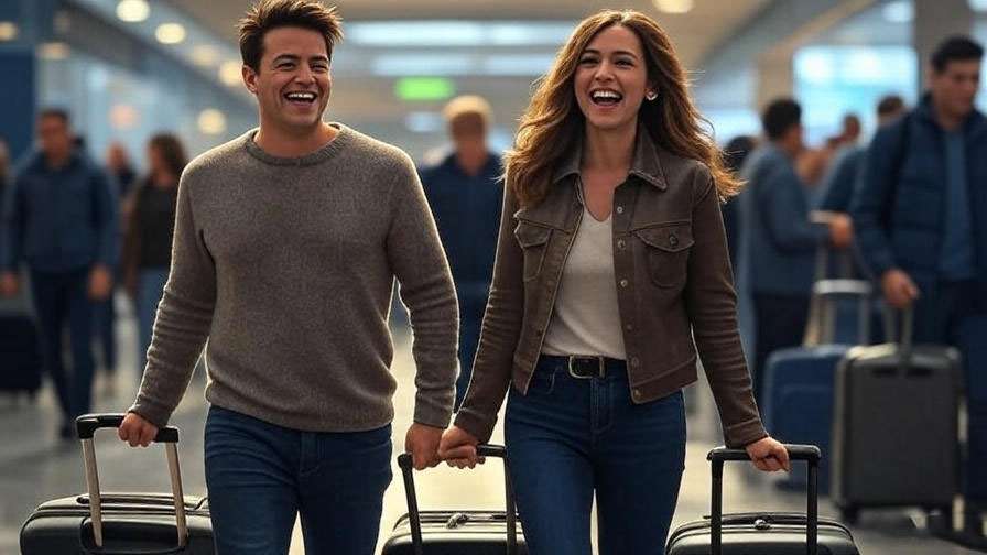 Ross and Julie arriving happily together at an airport in Friends.
