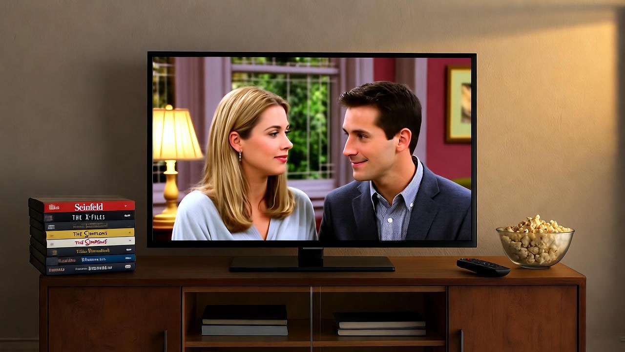 Nostalgic living room setup showing fans rewatching classic Friends episodes.