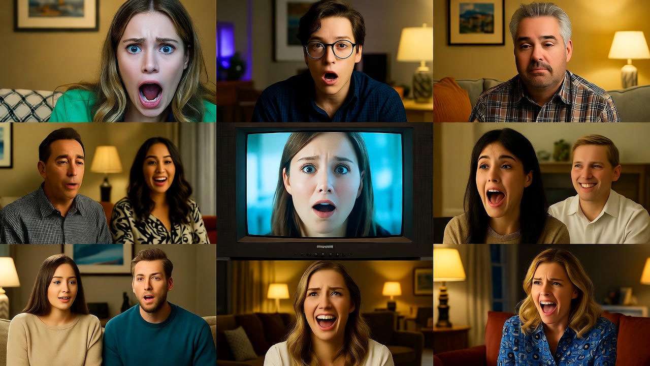 Fans reacting emotionally while watching Friends, reflecting the cultural impact of the Ross and Rachel breakup.