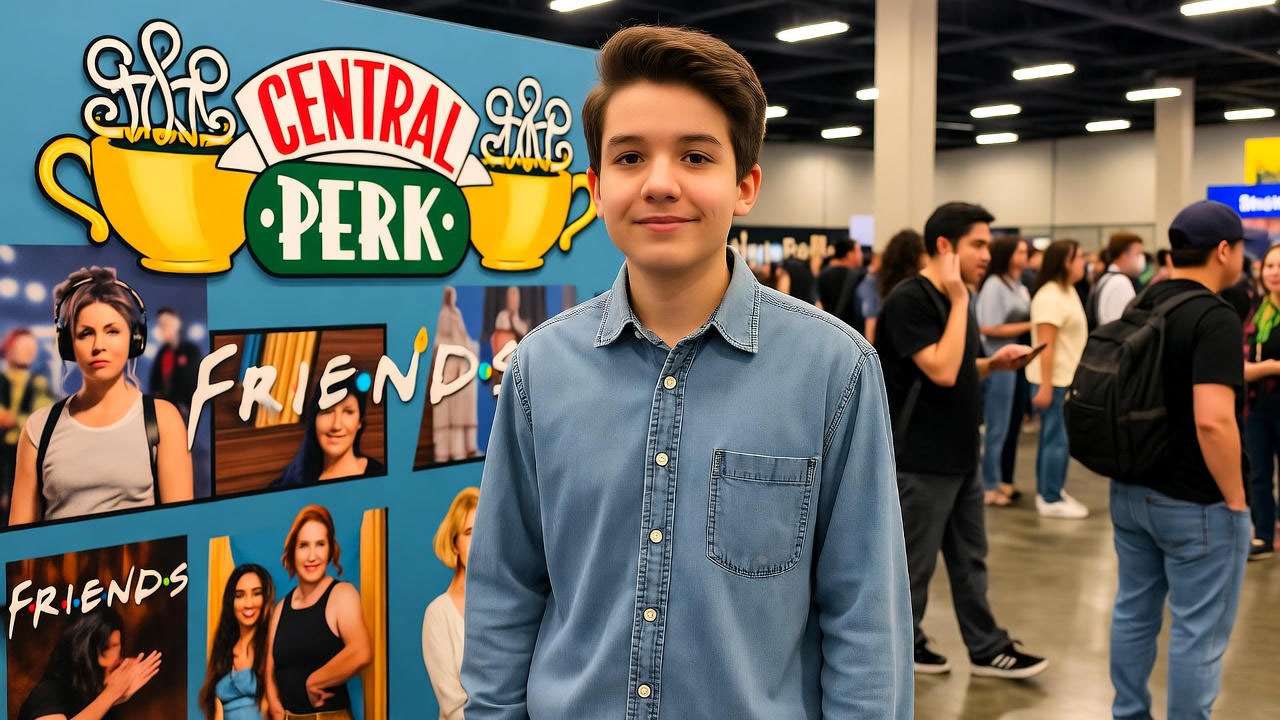 Fan cosplaying as Ross Geller in a denim blue button-down shirt at a convention with Friends memorabilia.