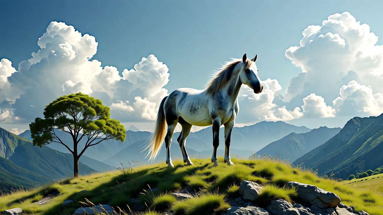  Majestic horse on a grassy hill with a lone tree and mountains, symbolizing the strength and resilience of the Ross surname. 