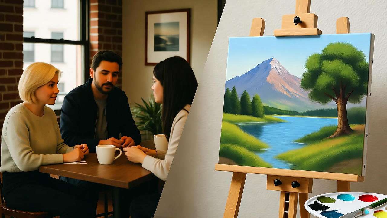 Split-screen 90s TV crossover with Friends coffee shop and Bob Ross painting.