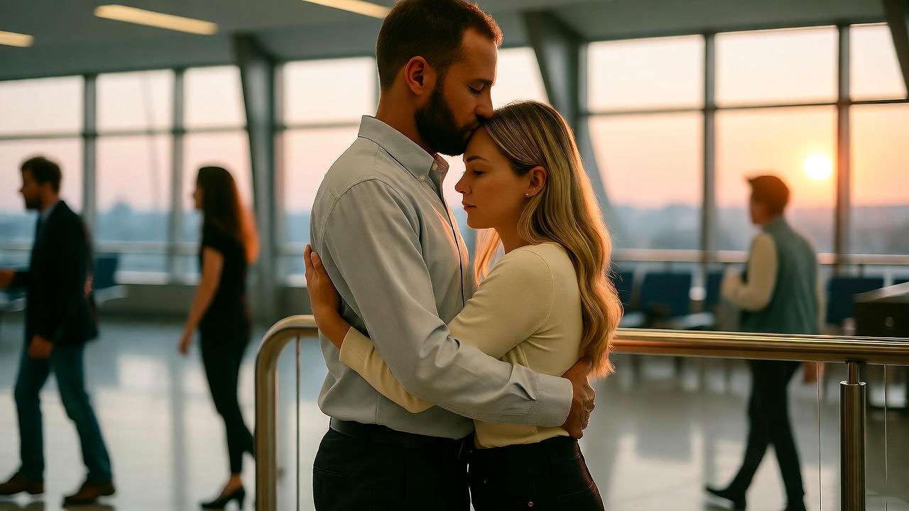 Emotional airport reunion of Ross and Rachel from Friends series finale.