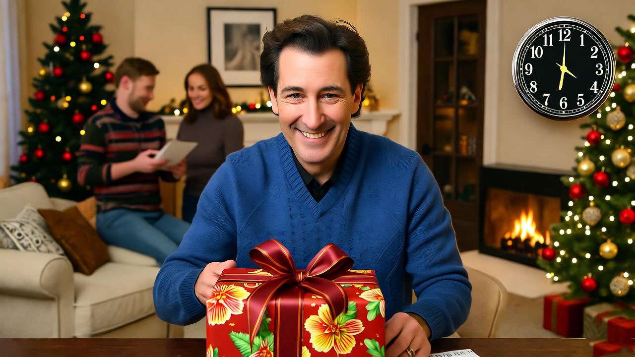 Ross Geller finishing Christmas Eve tasks around 7:30 PM amid holiday chaos.