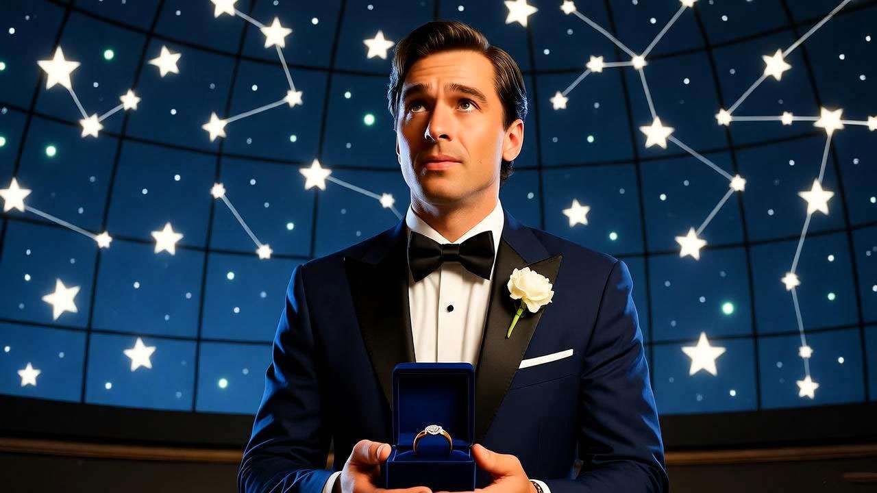 Heartfelt groom proposal under starry skies inspired by Ross Geller's romantic gestures.