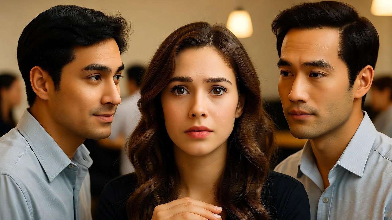 Rachel-inspired woman looking at two similar men symbolizing the Ross Russ relationship moment