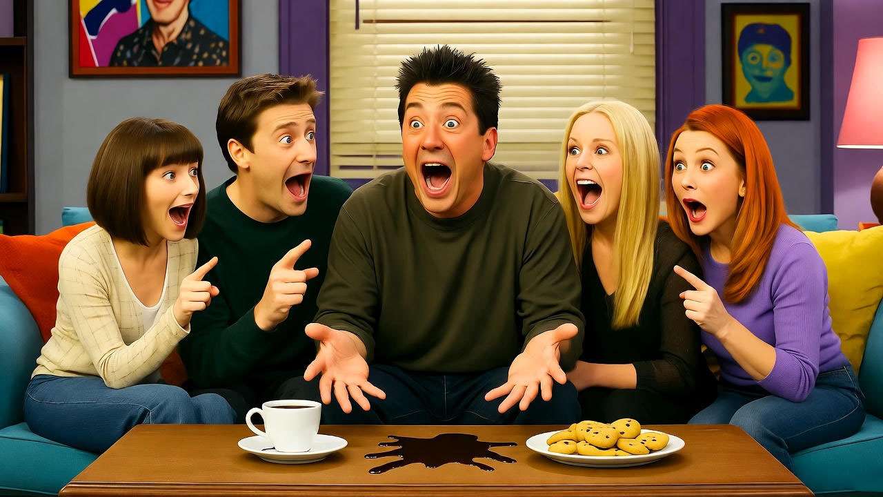  Friends cast reacting hilariously to Ross dating his student, group laughter in Monica's apartment.

