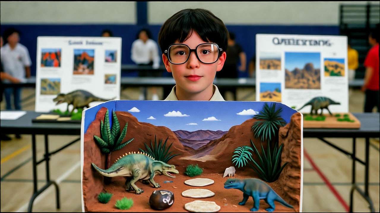 Young Ross with a large prehistoric habitat project at a 1990s middle school science fair. 