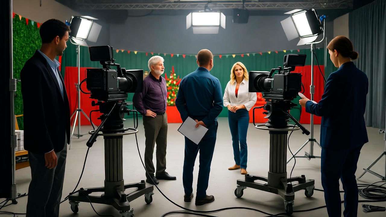 Friends cast rehearsing their New Year’s dance routine with crew and set equipment visible.