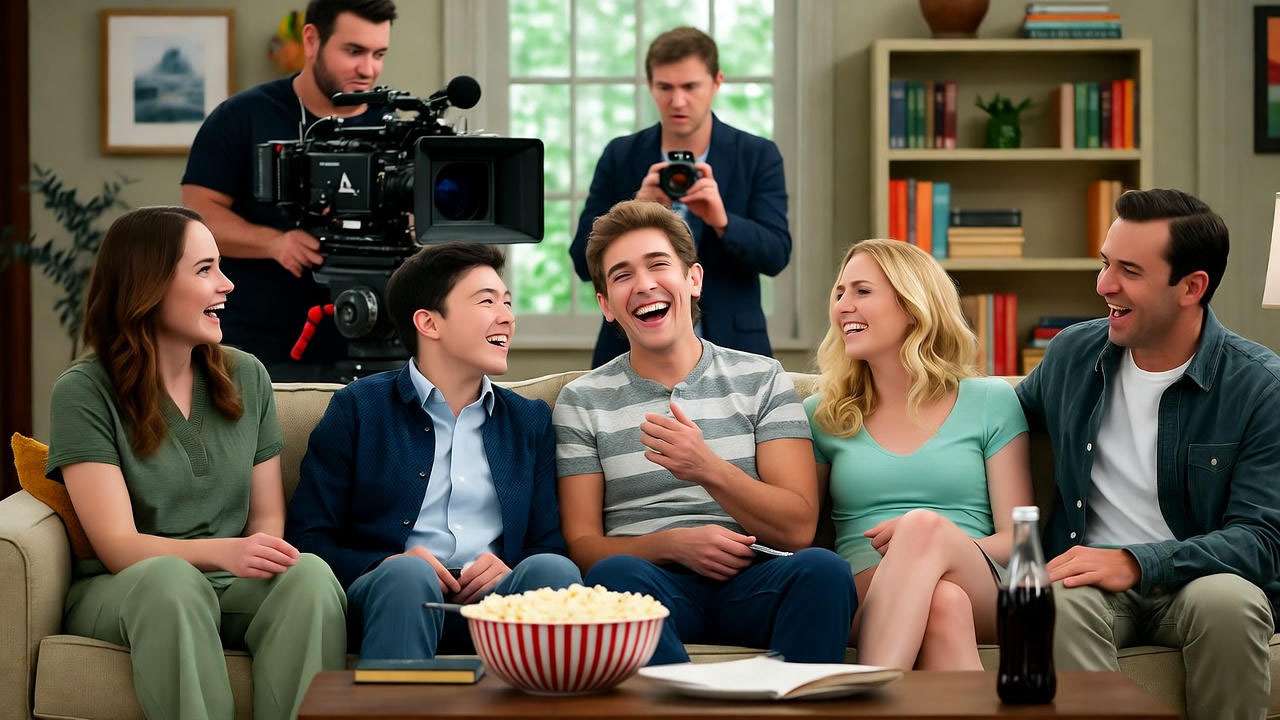 Ross Klavan and cast members laughing during behind-the-scenes filming of Friends.