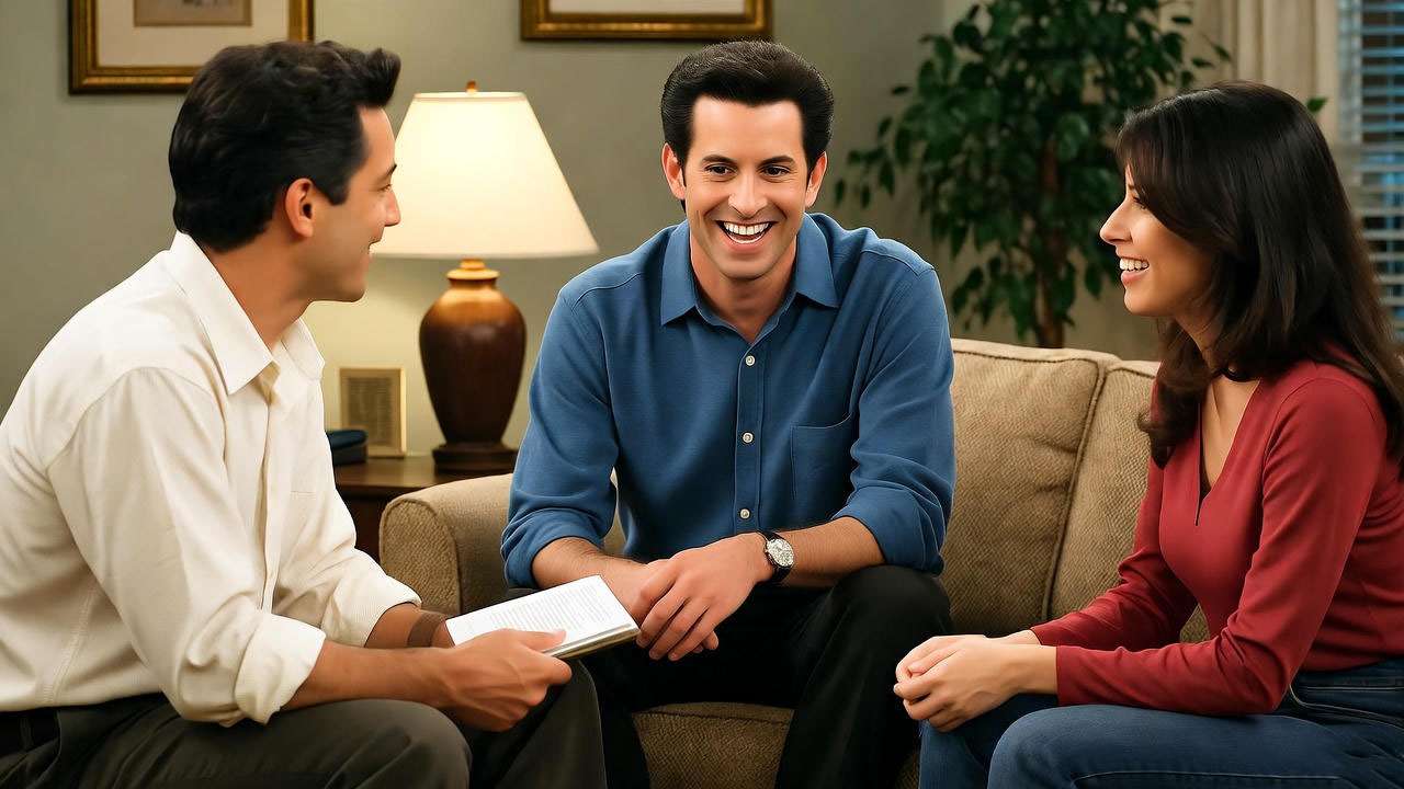 Ross Geller bonding with friends in an apartment, highlighting his growth in friendships in Friends.